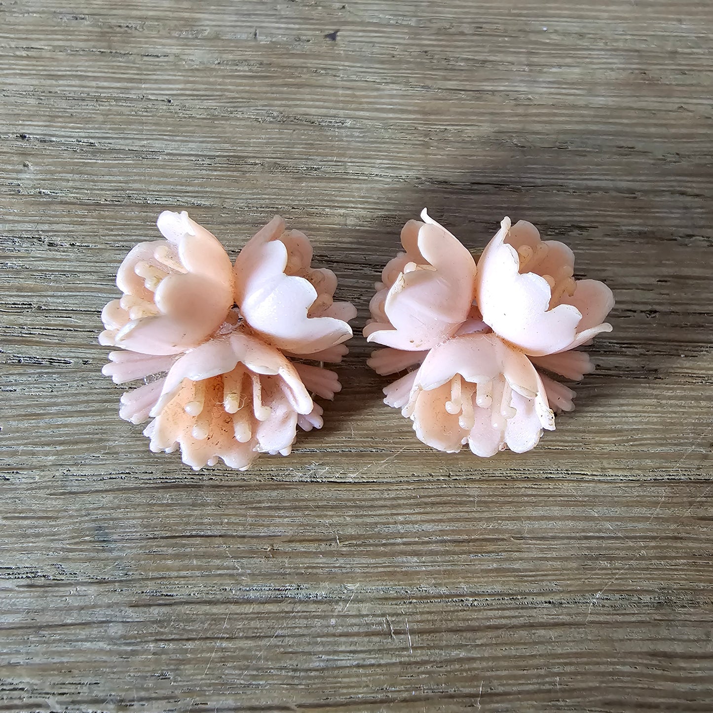 1940s peach plastic 3D floral clip-on earrings