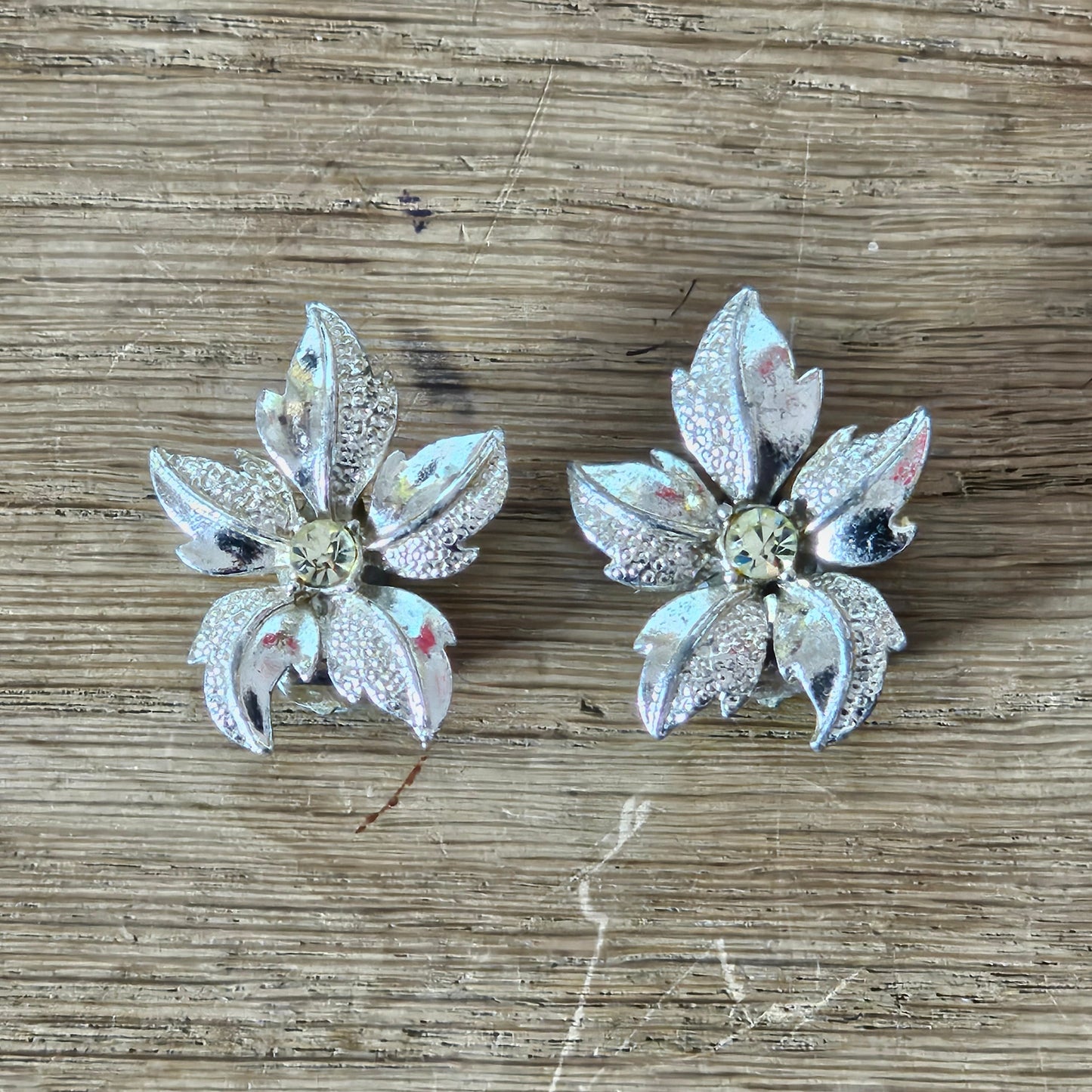 Late 1950s silver-tone & rhinestone textured flower clip-on earrings