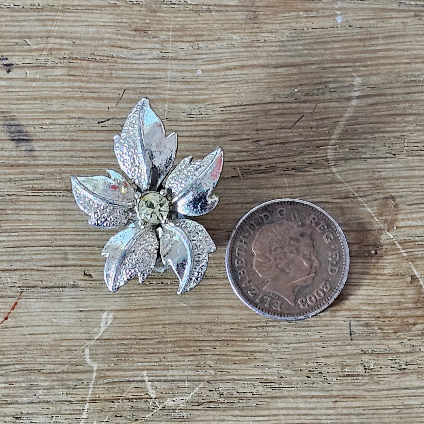 Late 1950s silver-tone & rhinestone textured flower clip-on earrings
