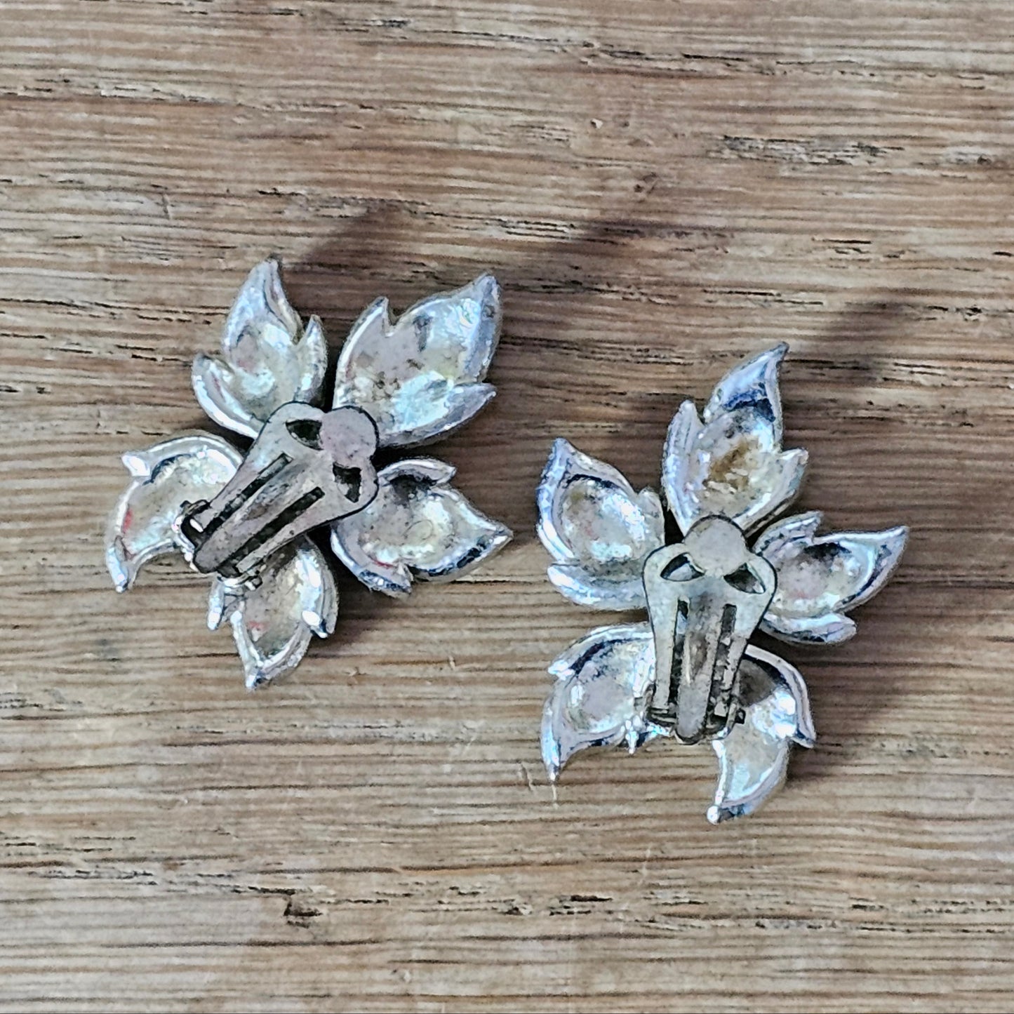 Late 1950s silver-tone & rhinestone textured flower clip-on earrings