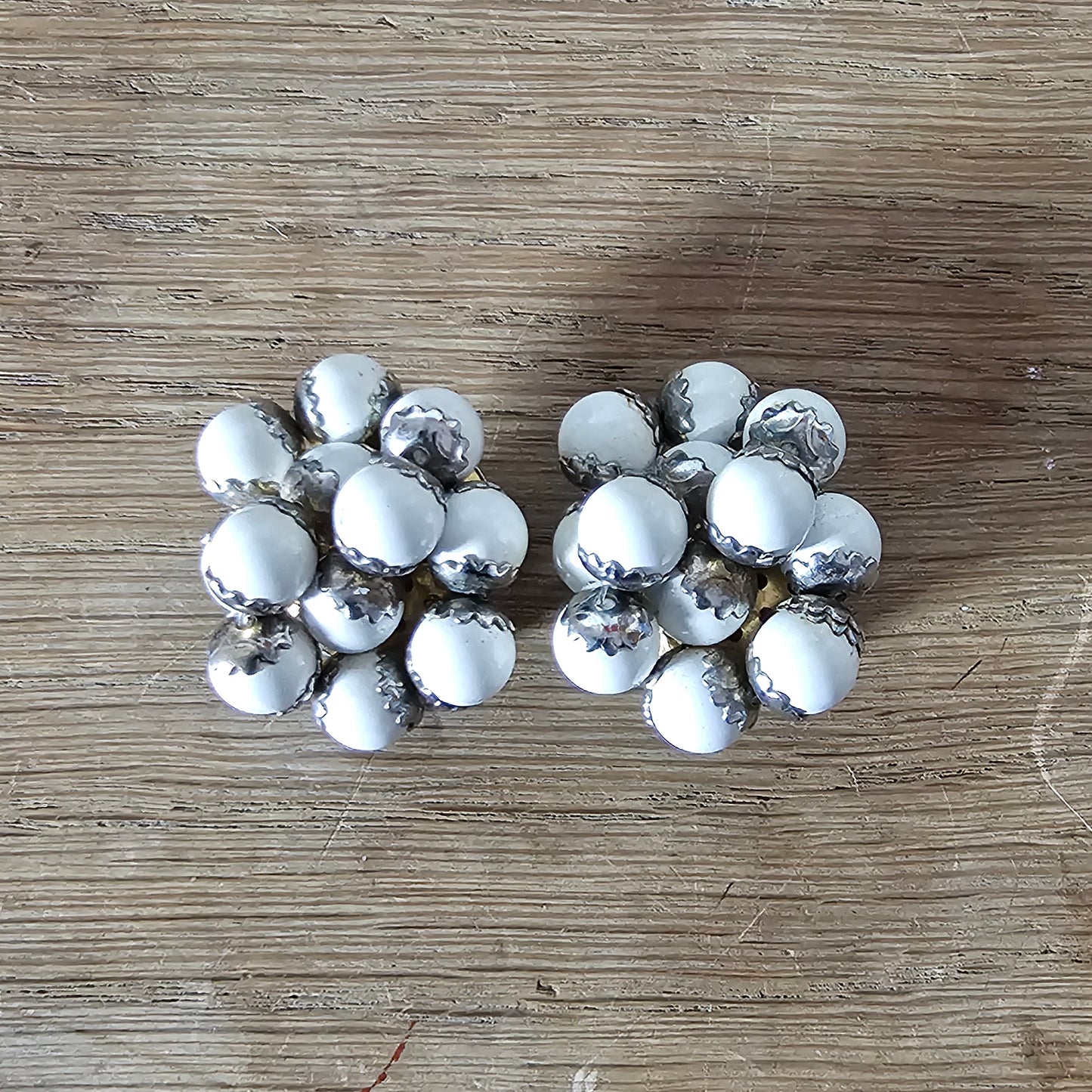 1960s large white plastic beaded cluster statement clip-on earrings