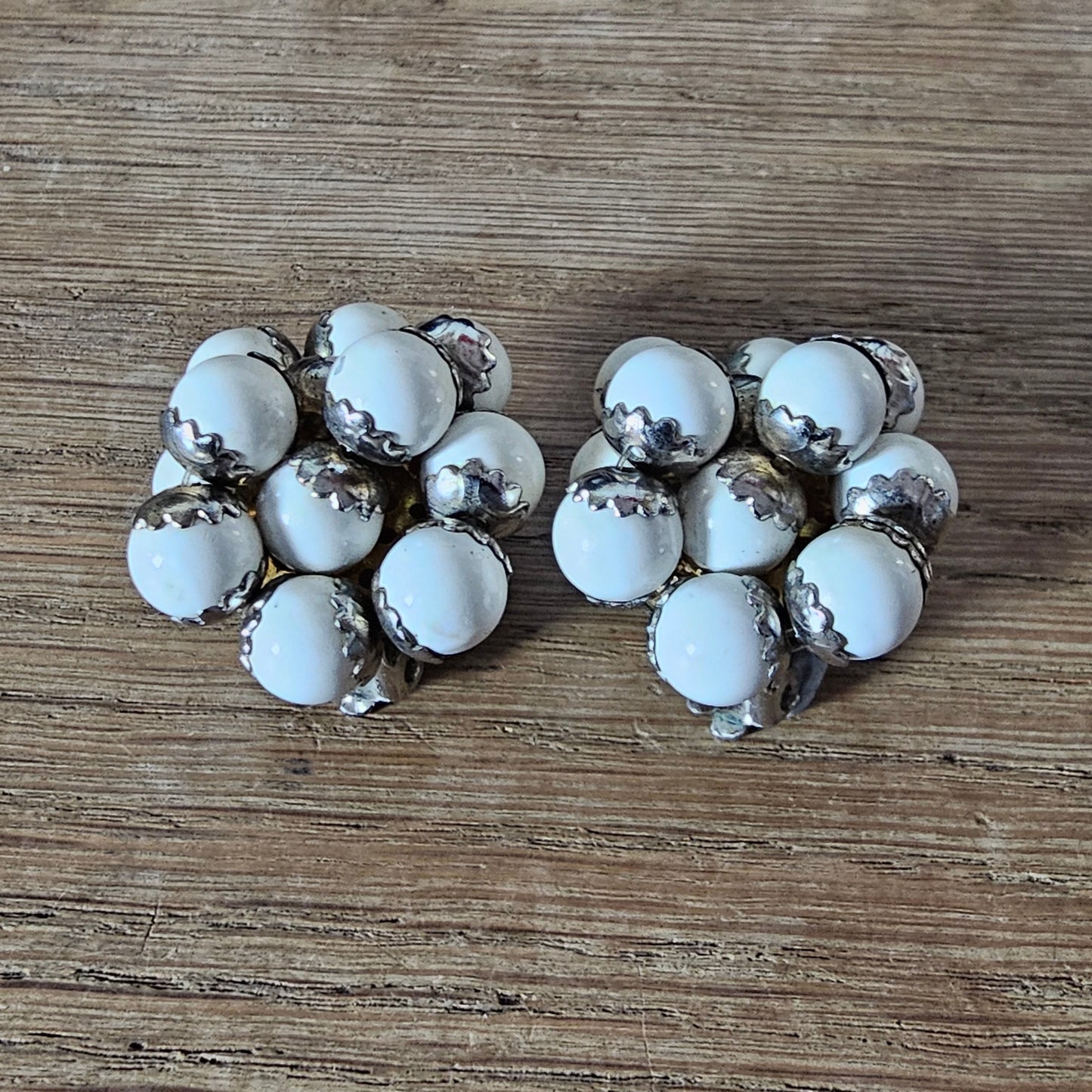 1960s large white plastic beaded cluster statement clip-on earrings