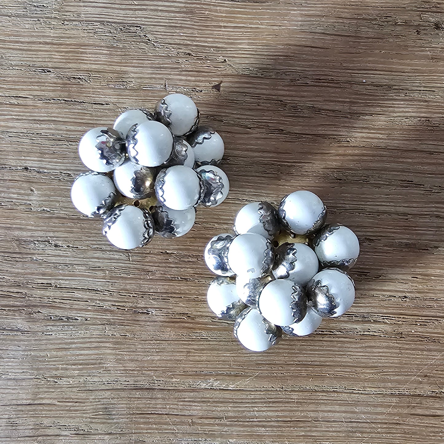 1960s large white plastic beaded cluster statement clip-on earrings