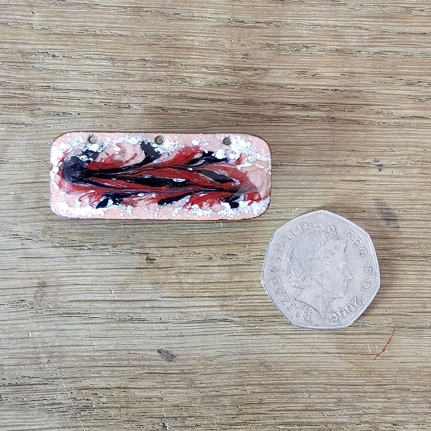 circa. 1960s studio art enamel abstract swirls on copper rectangular brooch