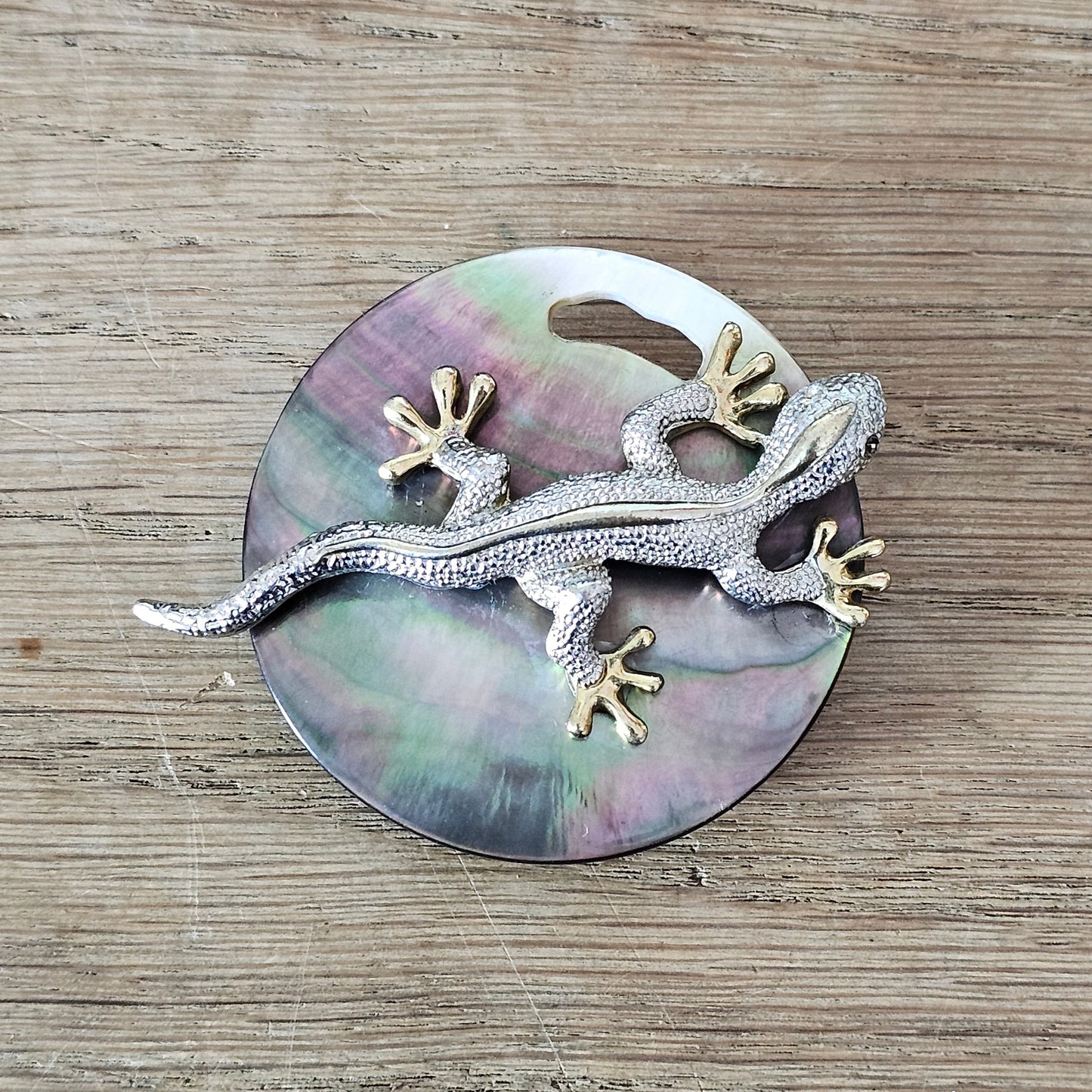 Home-made brooch using vintage silver & gold-tone gecko, and abalone round