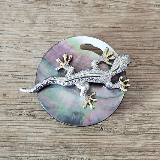 Home-made brooch using vintage silver & gold-tone gecko, and abalone round