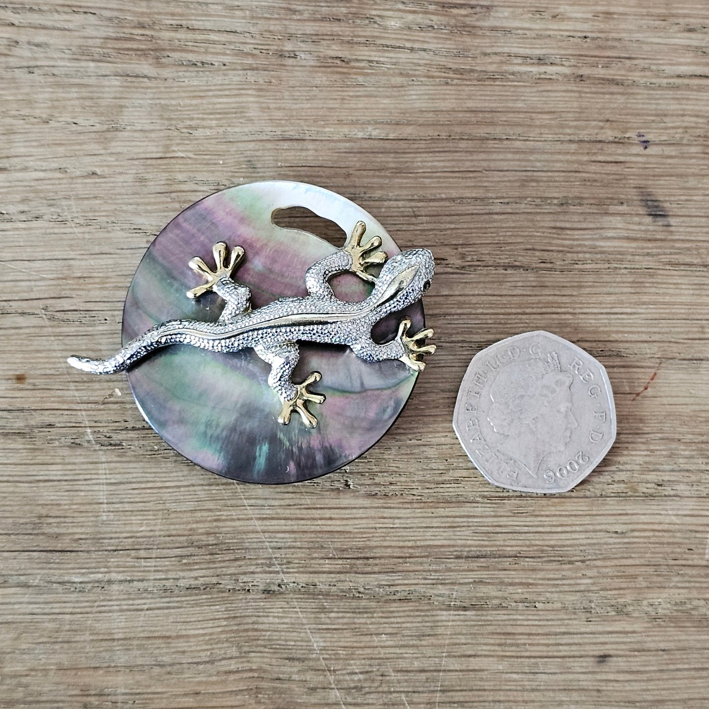 Home-made brooch using vintage silver & gold-tone gecko, and abalone round