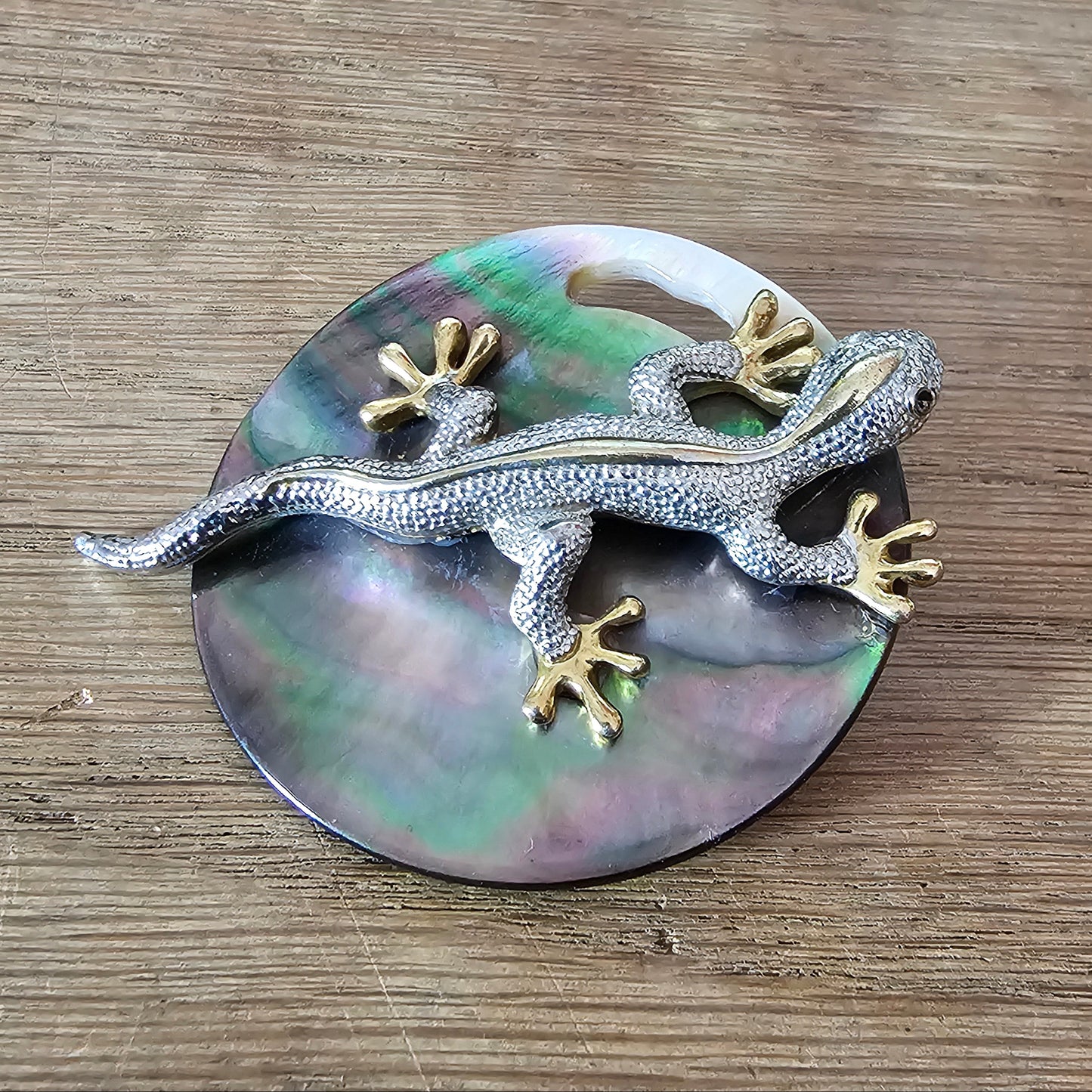 Home-made brooch using vintage silver & gold-tone gecko, and abalone round