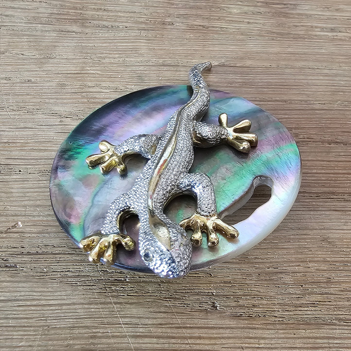 Home-made brooch using vintage silver & gold-tone gecko, and abalone round