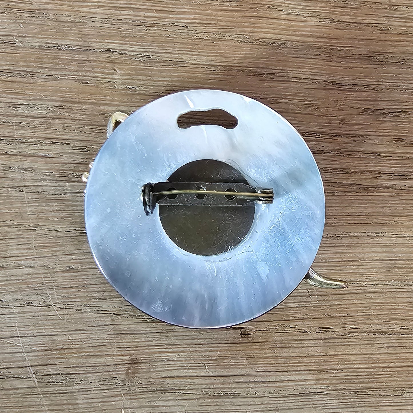 Home-made brooch using vintage silver & gold-tone gecko, and abalone round