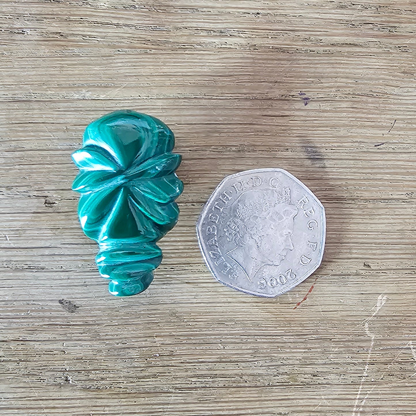 Home-made brooch using vintage carved Malachite stone figurine