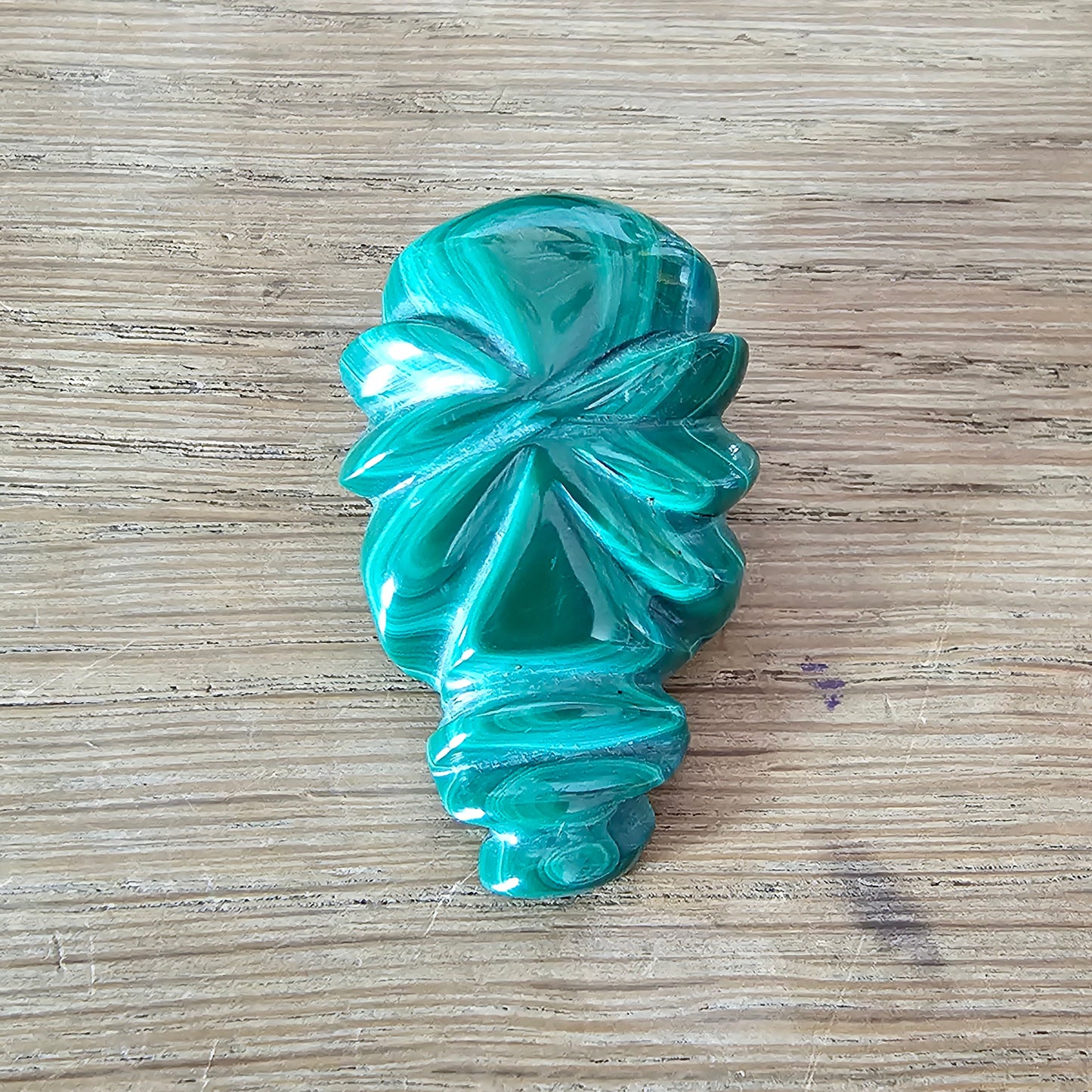 Home-made brooch using vintage carved Malachite stone figurine