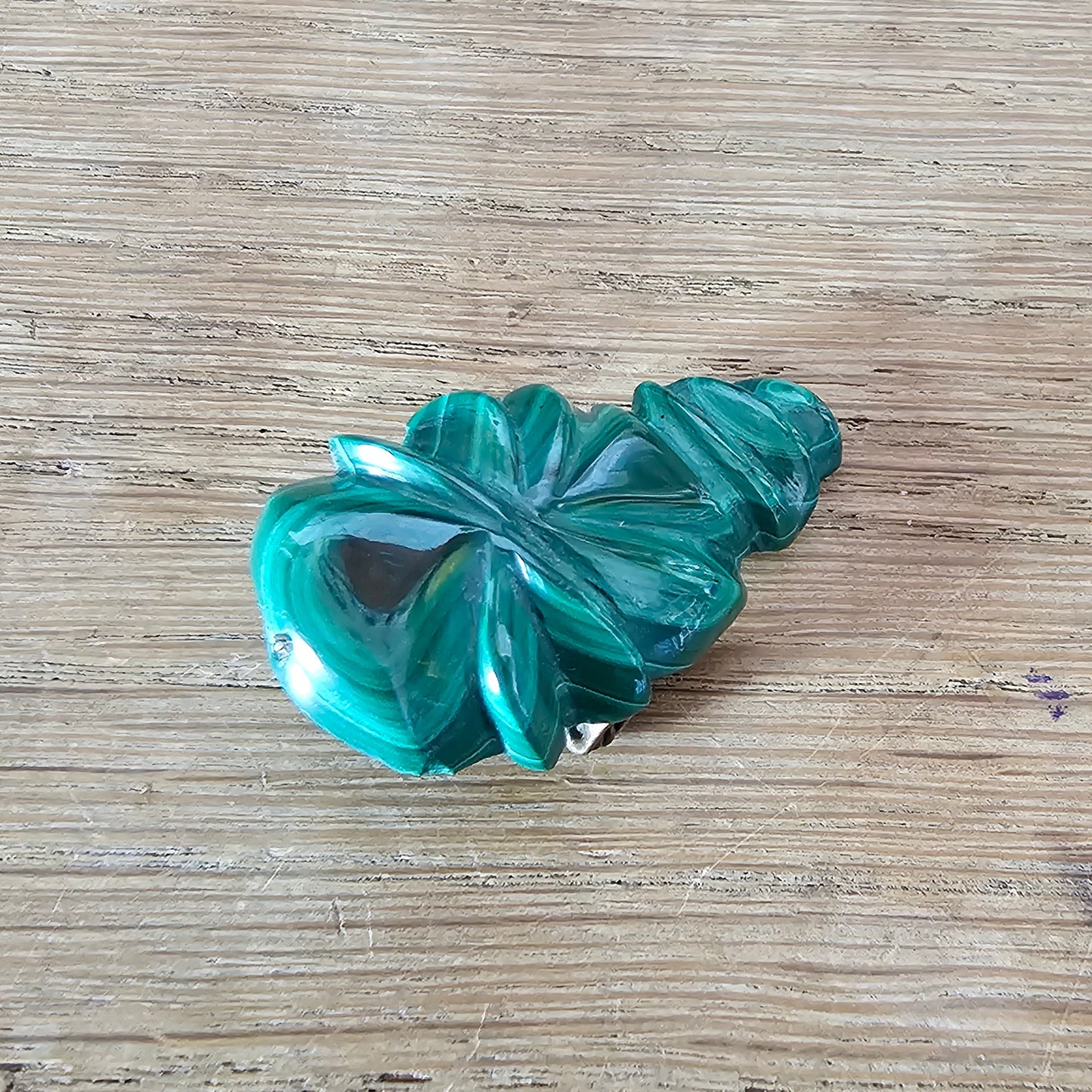 Home-made brooch using vintage carved Malachite stone figurine