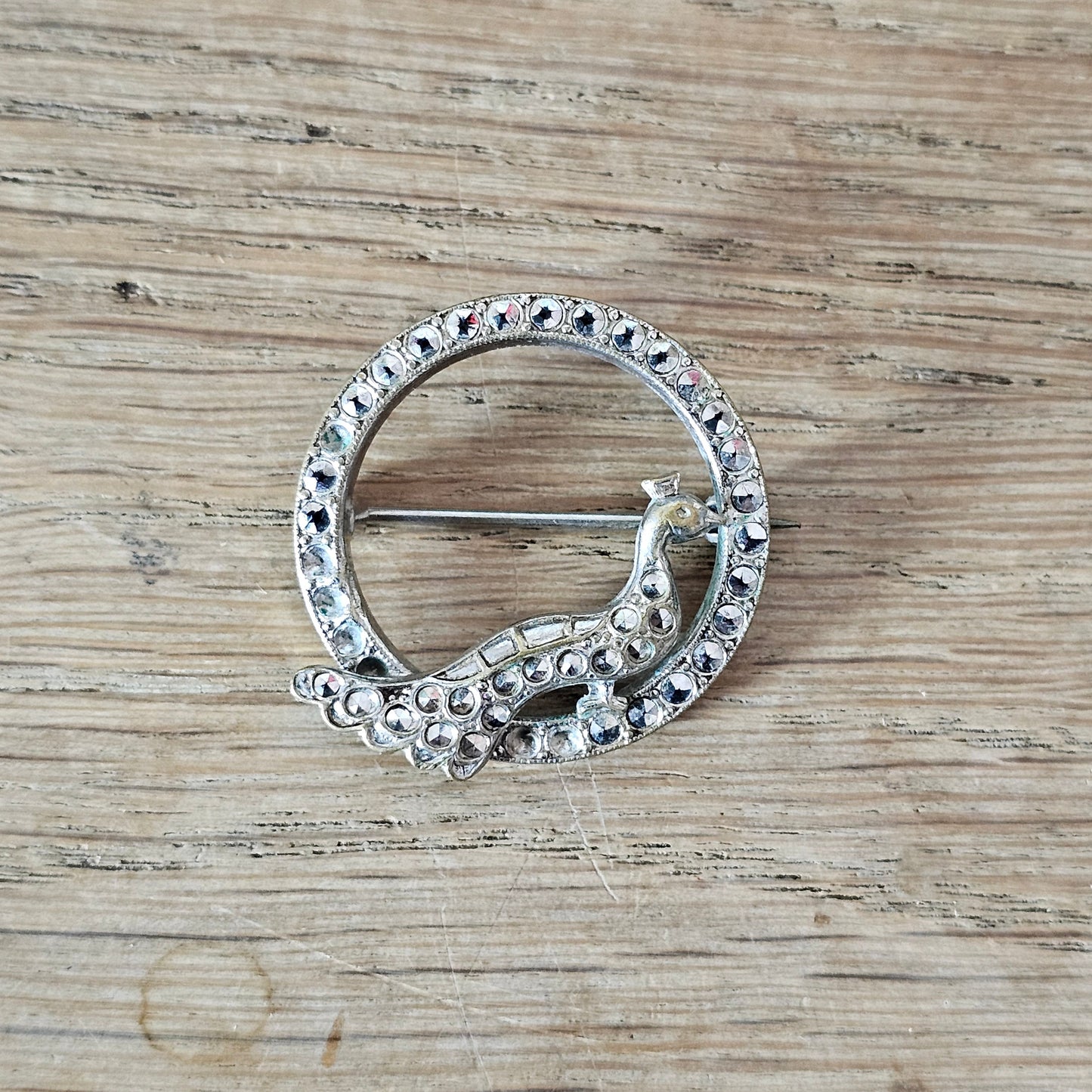 Art Deco marcasite circle peacock brooch