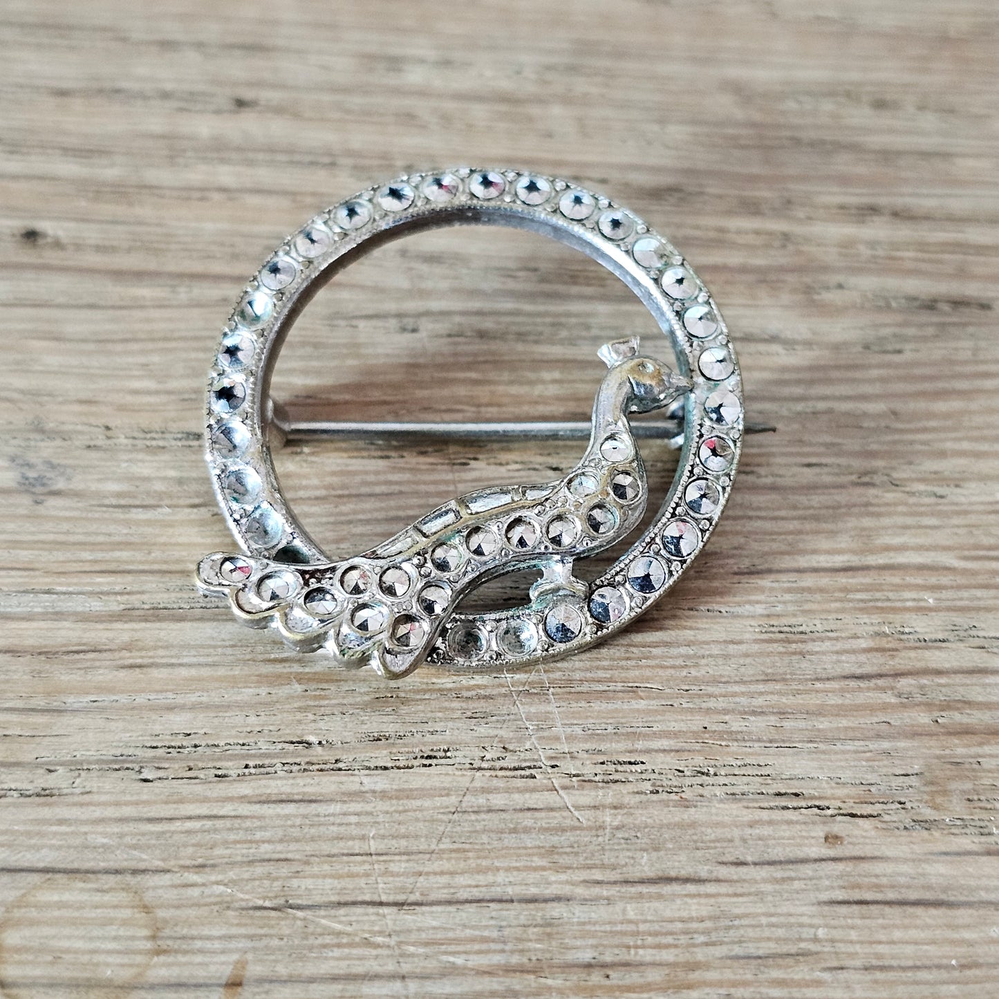 Art Deco marcasite circle peacock brooch
