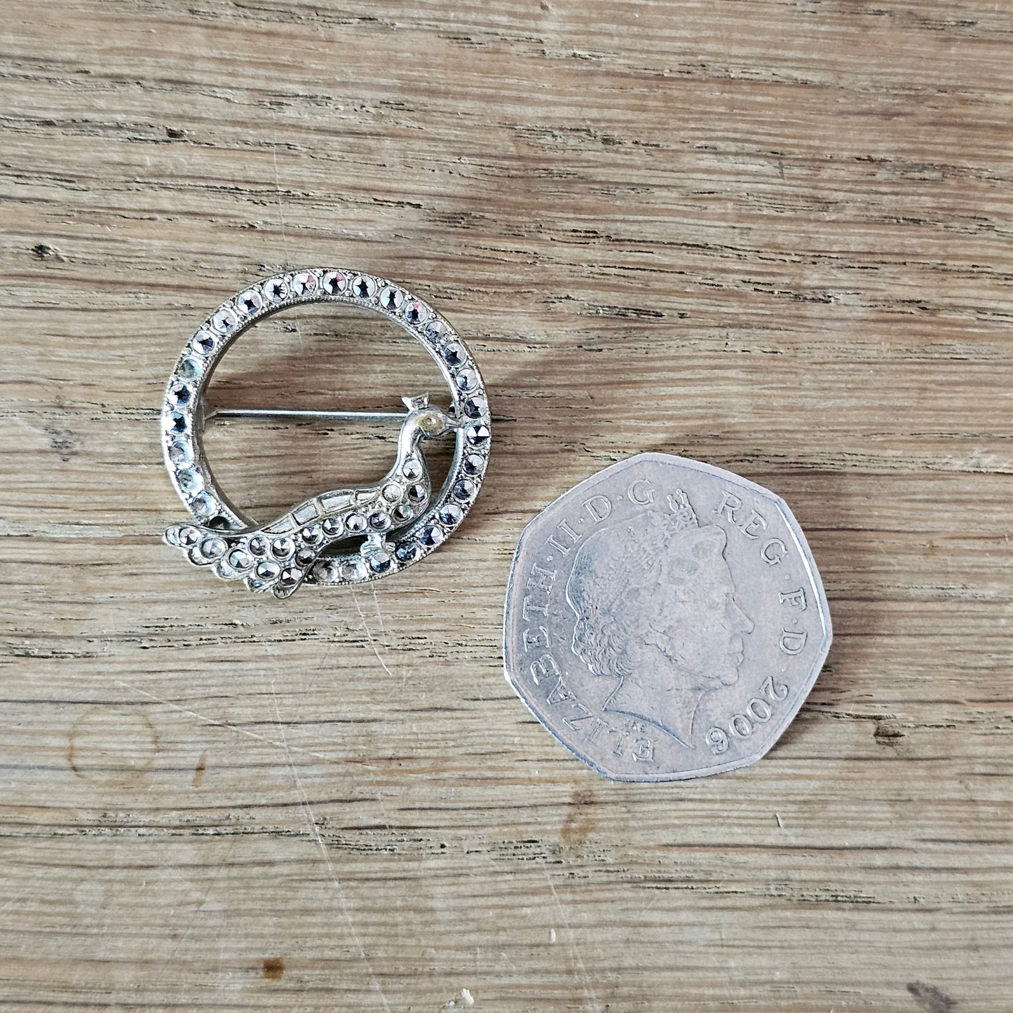 Art Deco marcasite circle peacock brooch