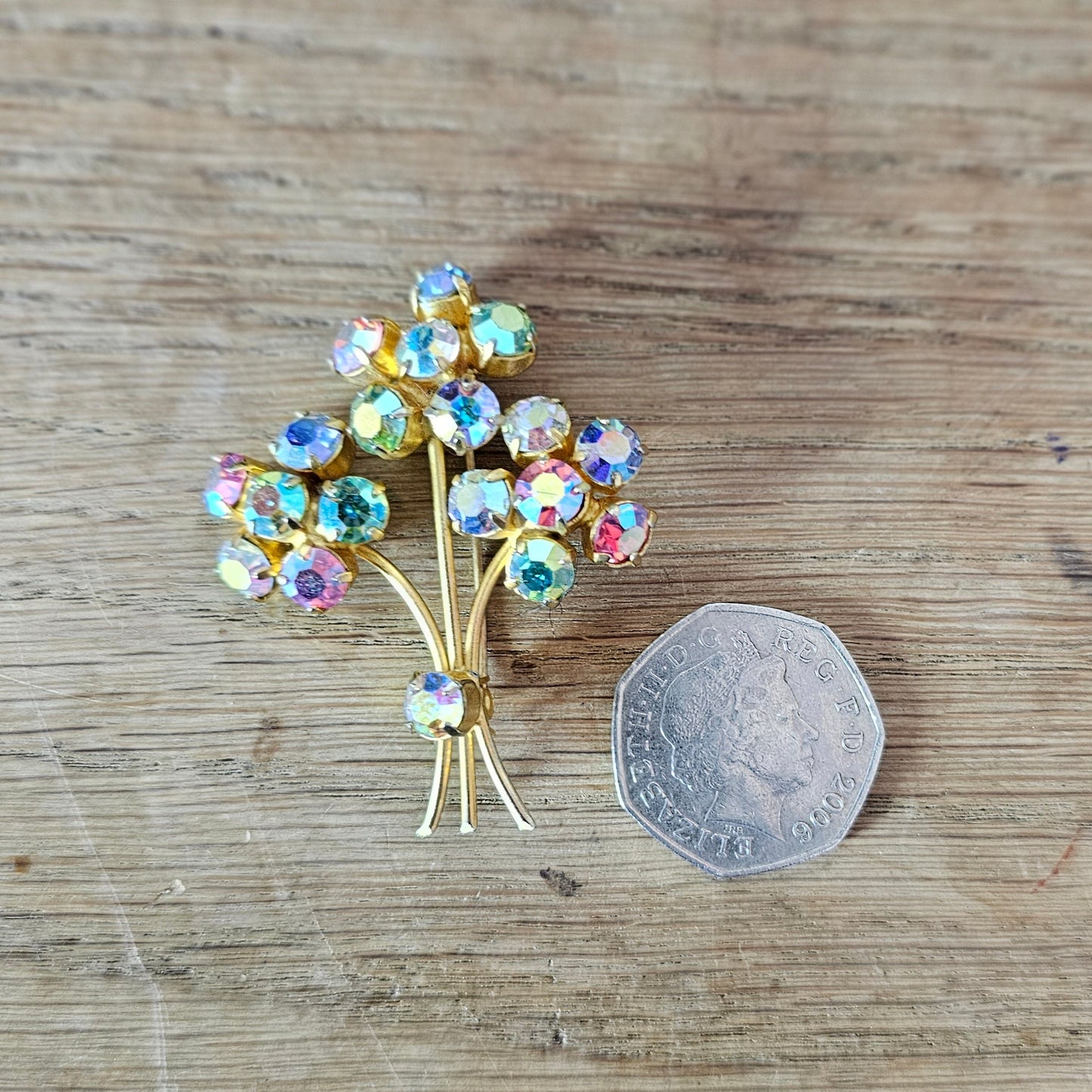 1960s gold-tone & Aurora Borealis Iris floral spray brooch