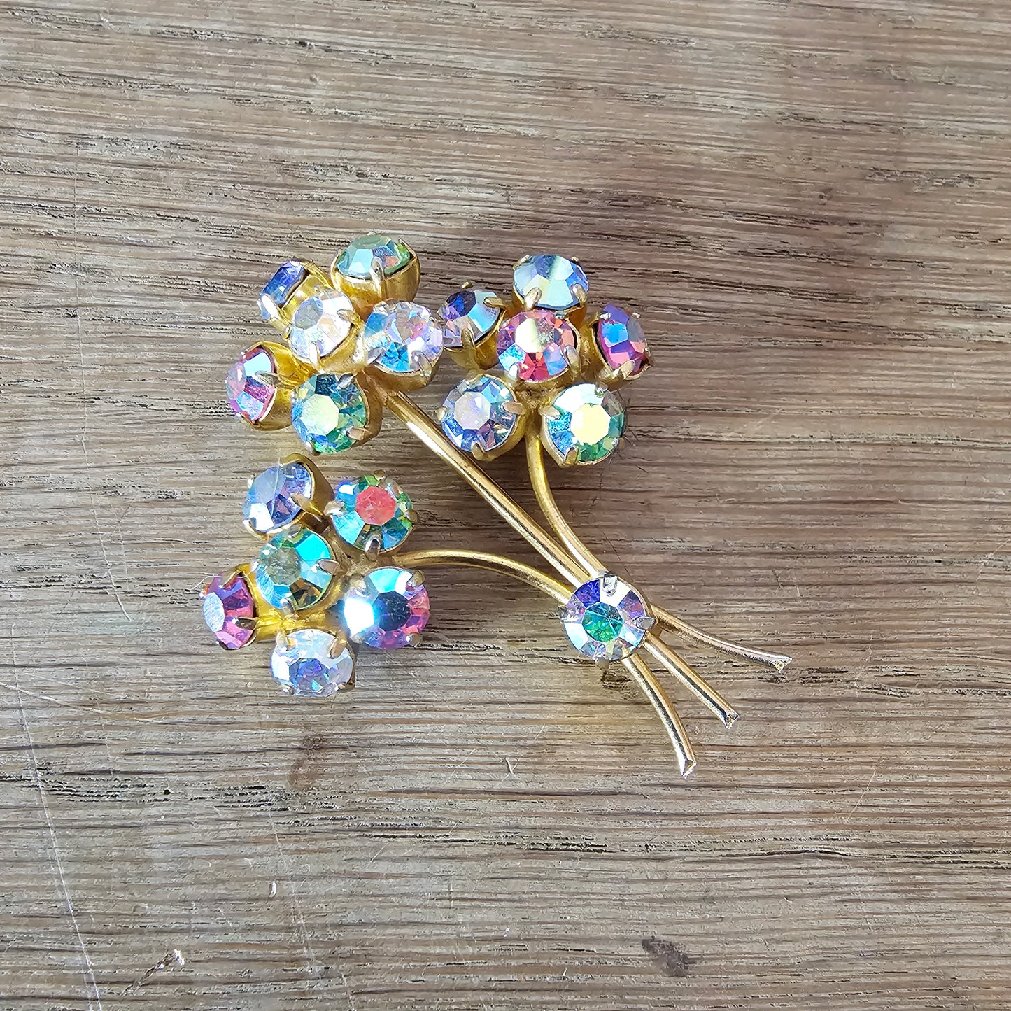 1960s gold-tone & Aurora Borealis Iris floral spray brooch
