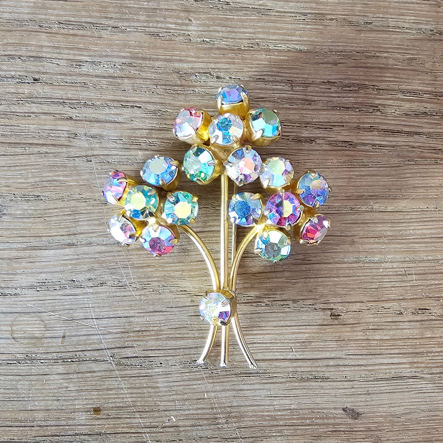 1960s gold-tone & Aurora Borealis Iris floral spray brooch