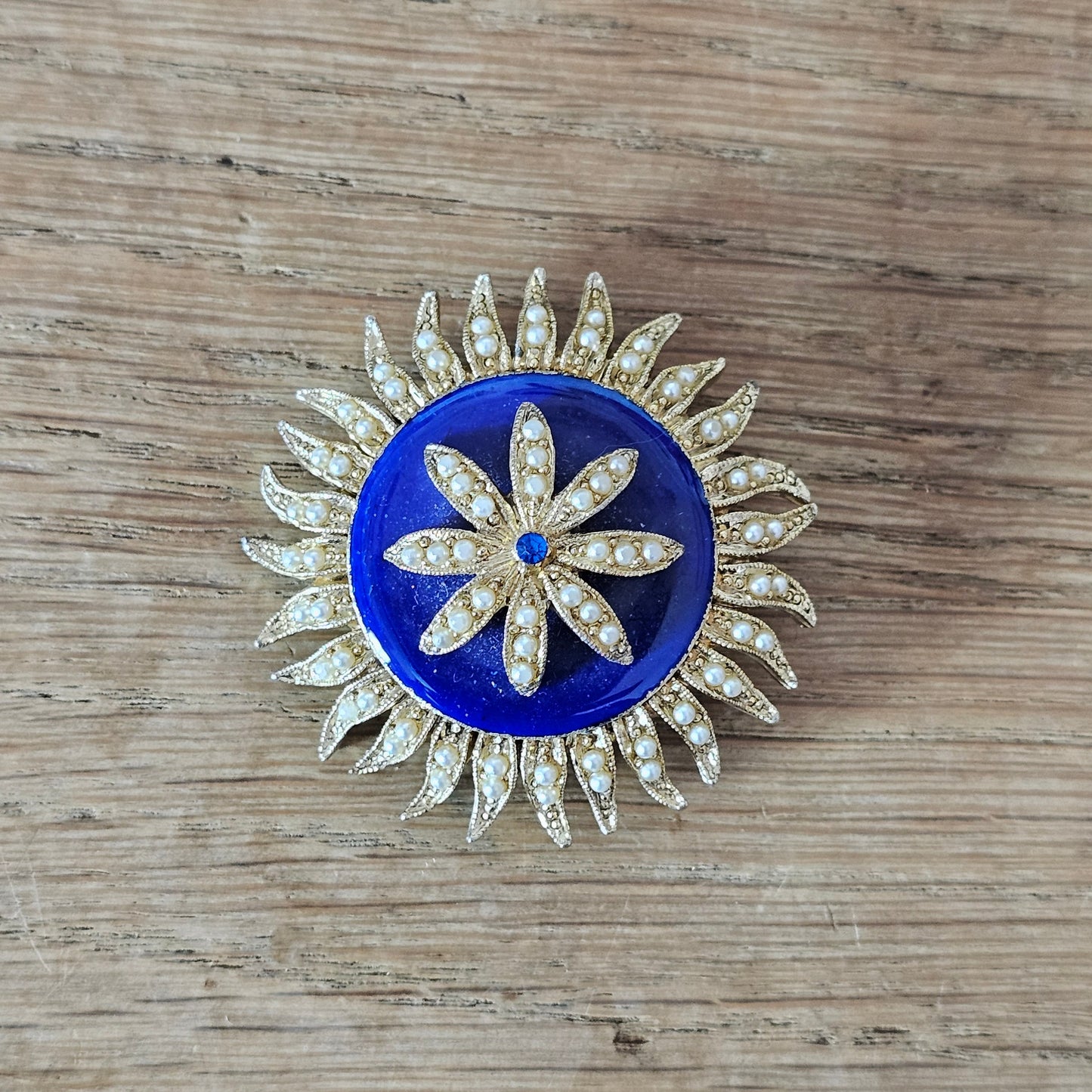 1950s gold-tone & blue enamel domed flower brooch with faux-pearl trim detail