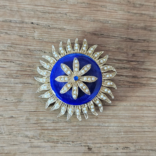 1950s gold-tone & blue enamel domed flower brooch with faux-pearl trim detail