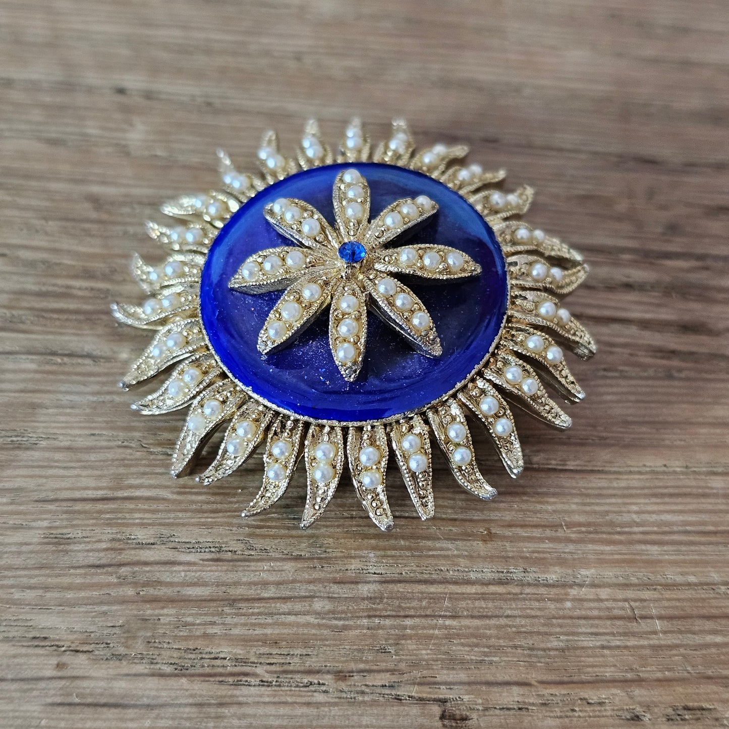1950s gold-tone & blue enamel domed flower brooch with faux-pearl trim detail