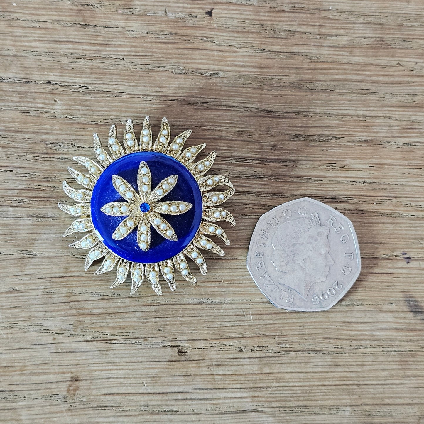 1950s gold-tone & blue enamel domed flower brooch with faux-pearl trim detail
