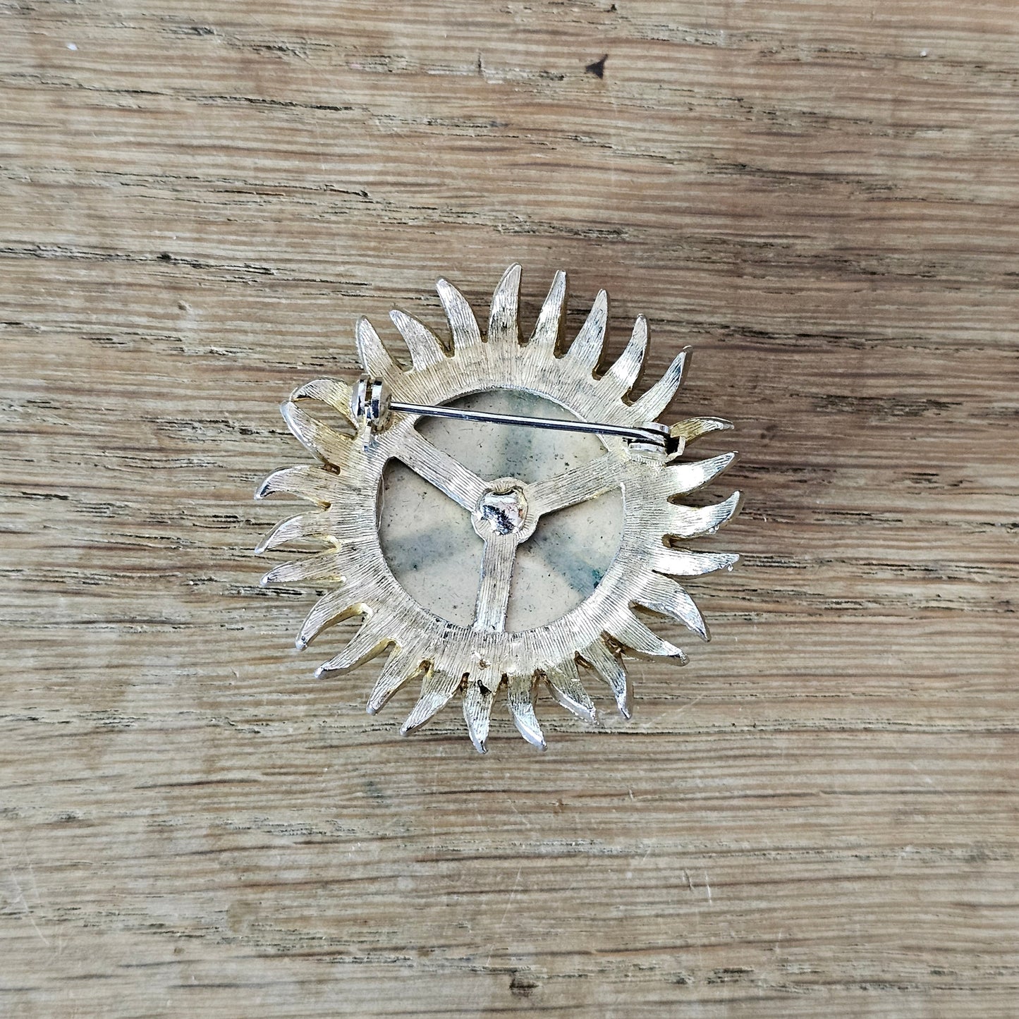 1950s gold-tone & blue enamel domed flower brooch with faux-pearl trim detail