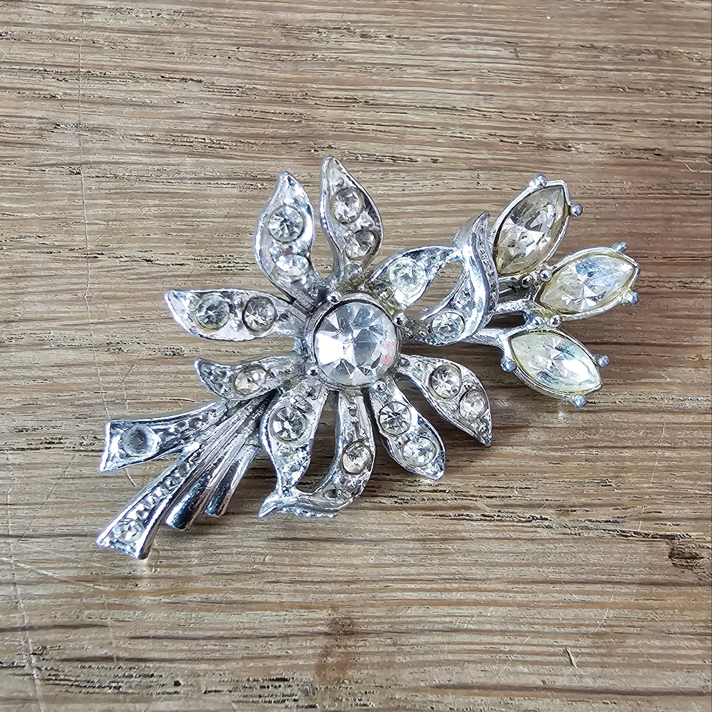 Late 1930s Art Deco rhinestone floral spray brooch