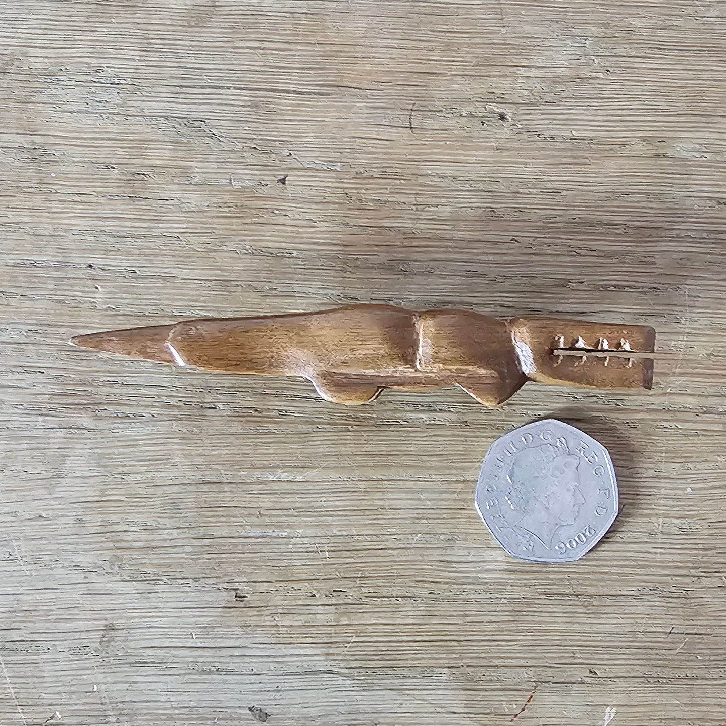 Home-made brooch using vintage wooden crocodile figurine