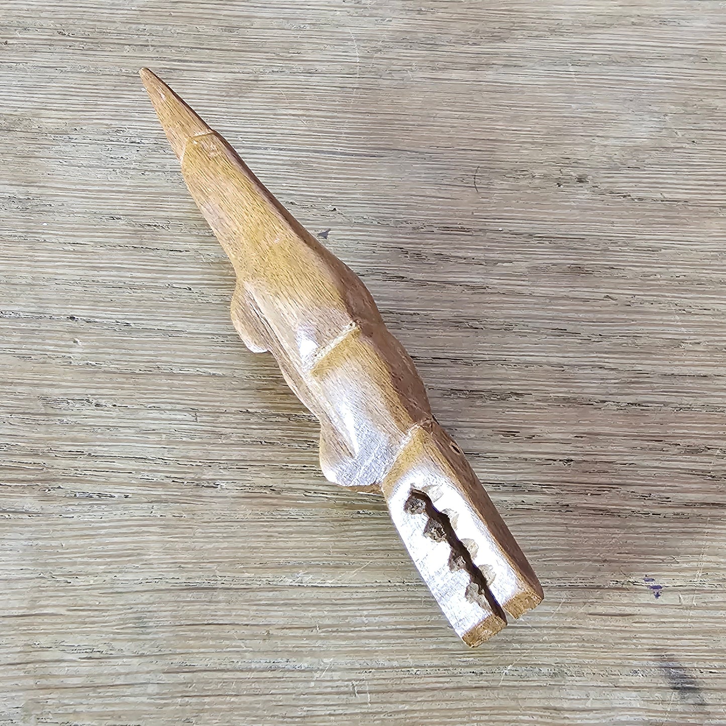 Home-made brooch using vintage wooden crocodile figurine