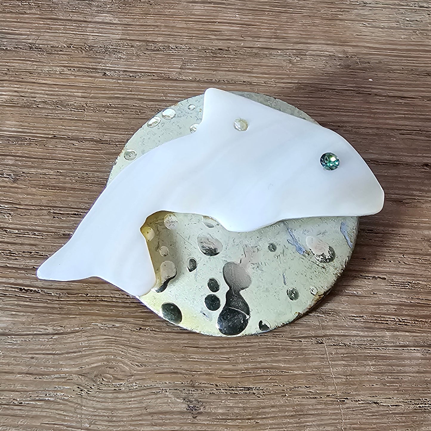 Home-made brooch using vintage Mother of Pearl fish & metal patterned disc earring back