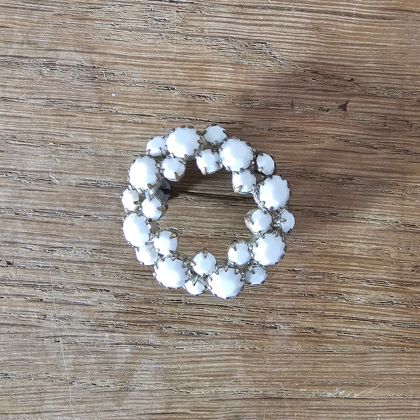 1950s silver-tone white milk glass wreath circle brooch