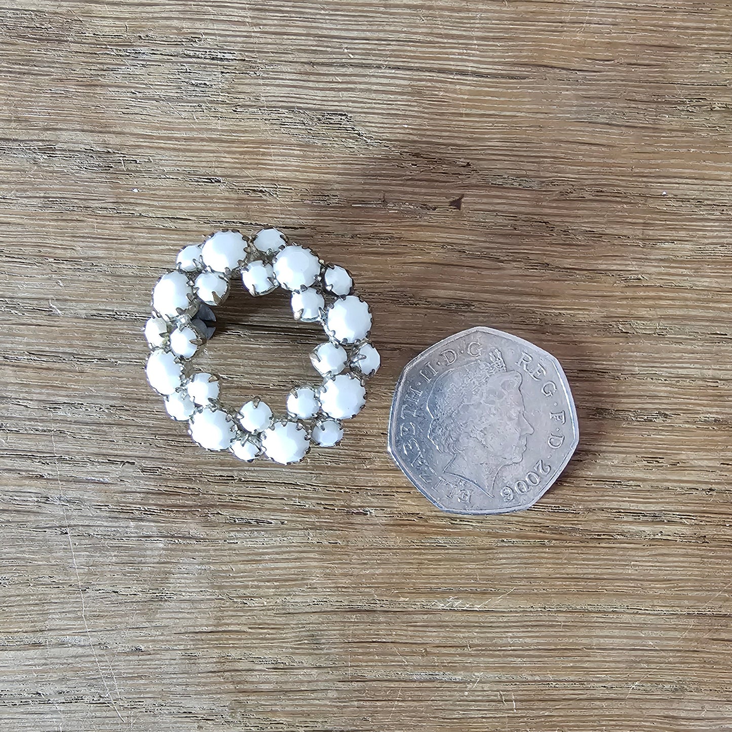 1950s silver-tone white milk glass wreath circle brooch
