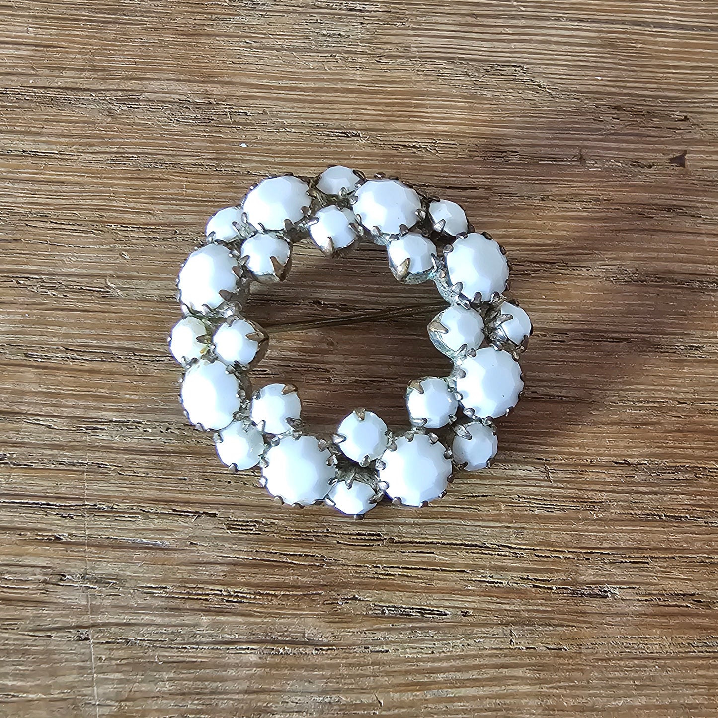1950s silver-tone white milk glass wreath circle brooch