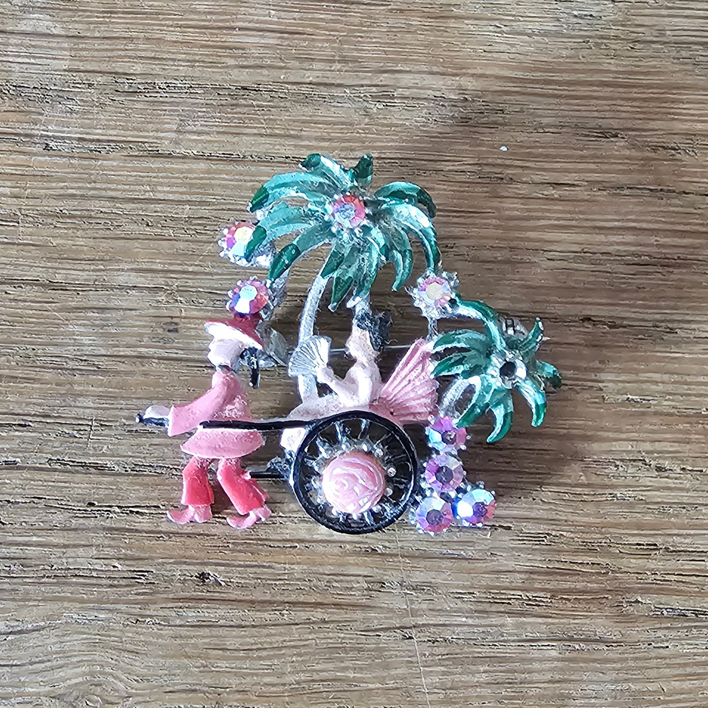 Mid-Century enamel & diamante figural Japanese rickshaw brooch