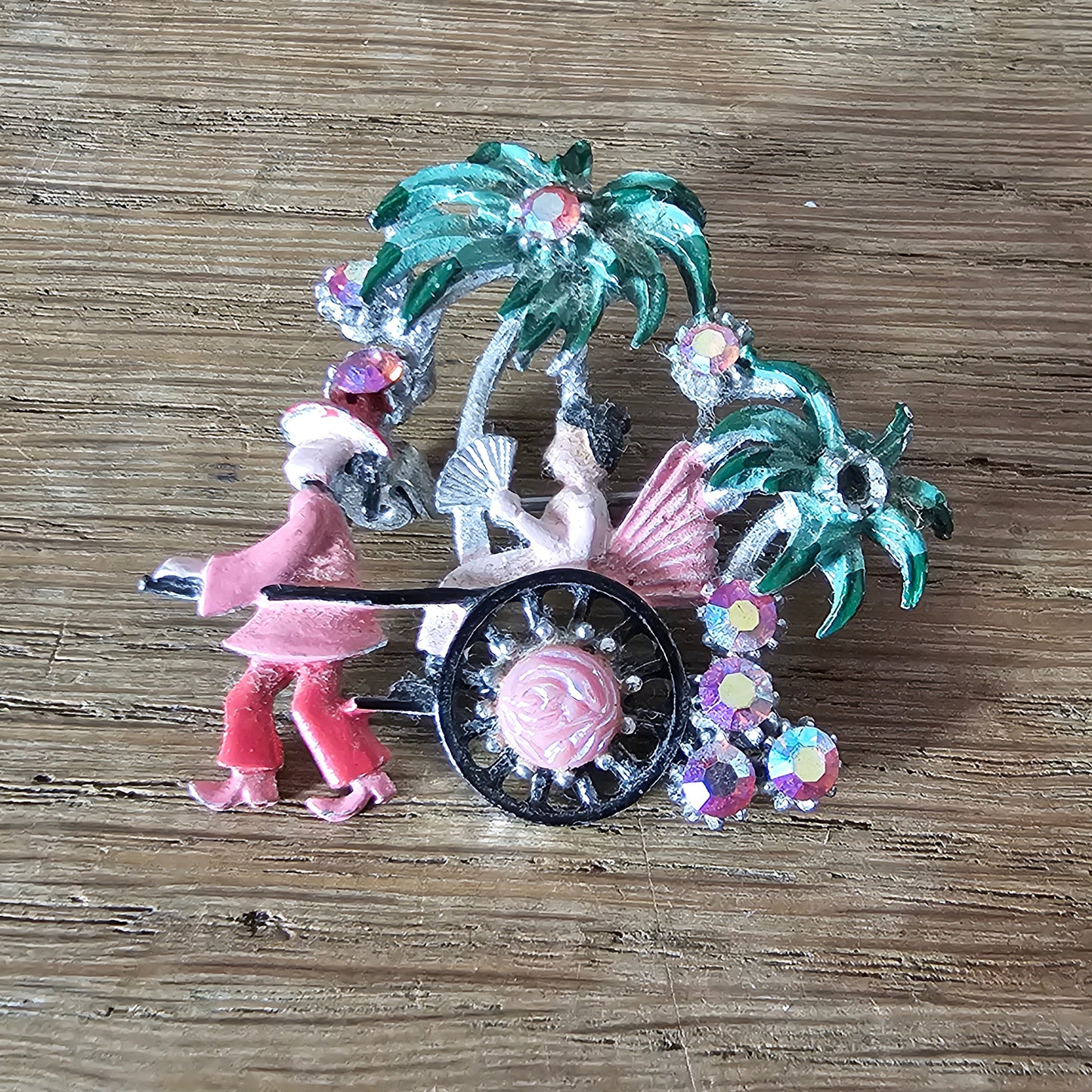Mid-Century enamel & diamante figural Japanese rickshaw brooch