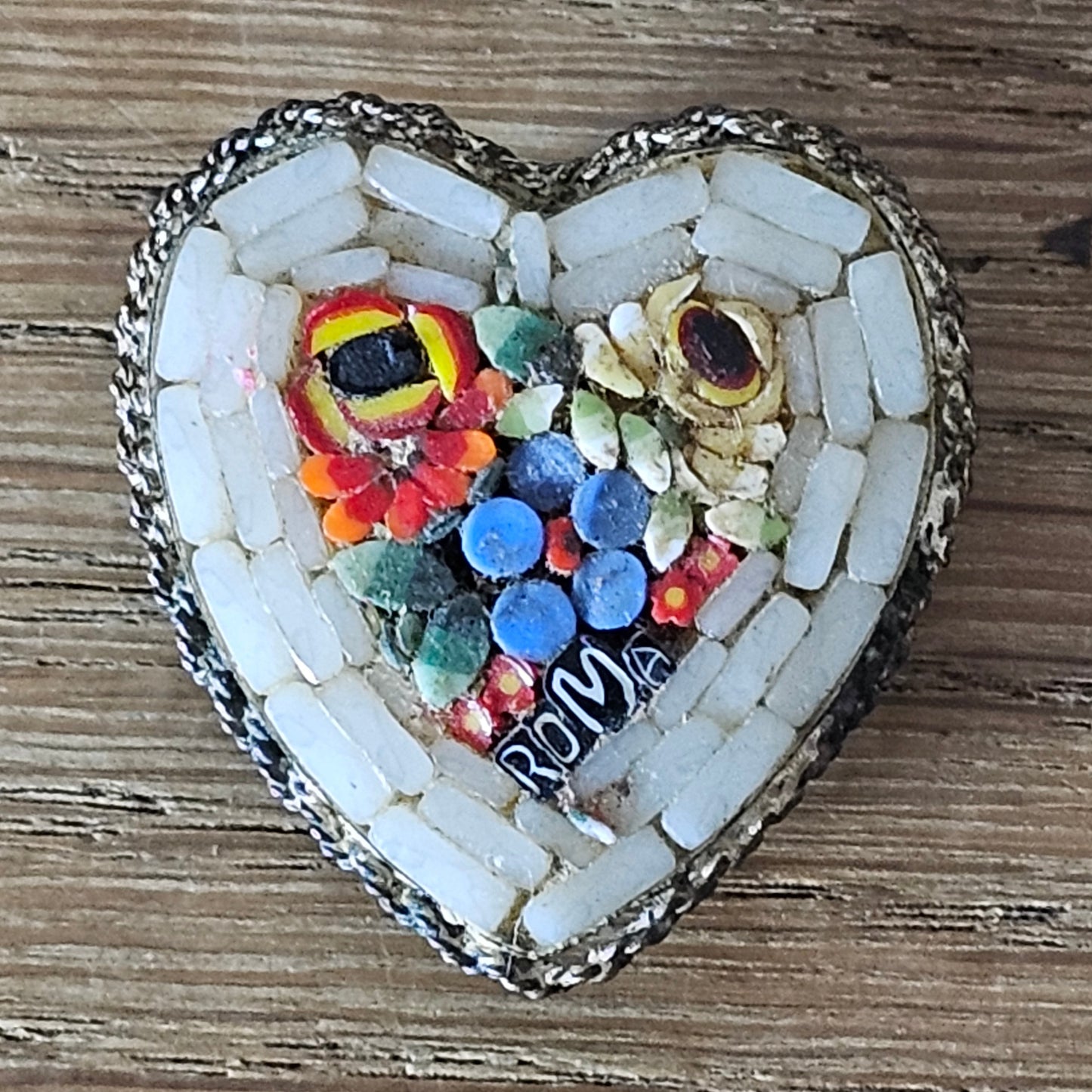 Mid-century Italian micro mosaic heart ROMA souvenir brooch