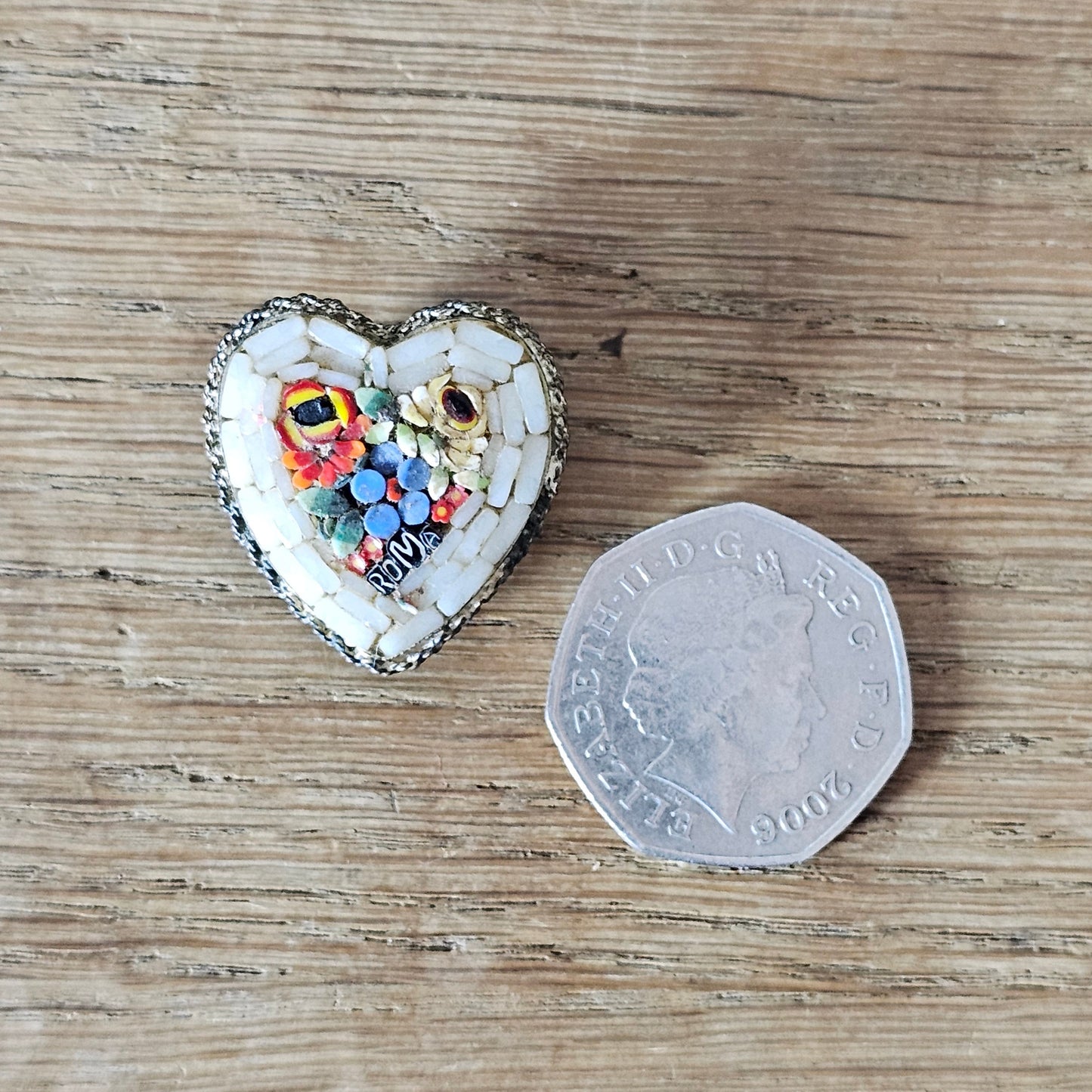 Mid-century Italian micro mosaic heart ROMA souvenir brooch