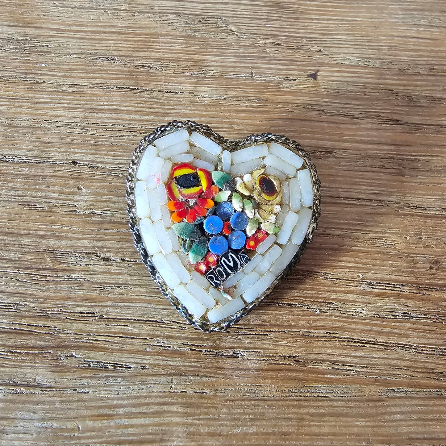 Mid-century Italian micro mosaic heart ROMA souvenir brooch