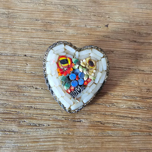 Mid-century Italian micro mosaic heart ROMA souvenir brooch