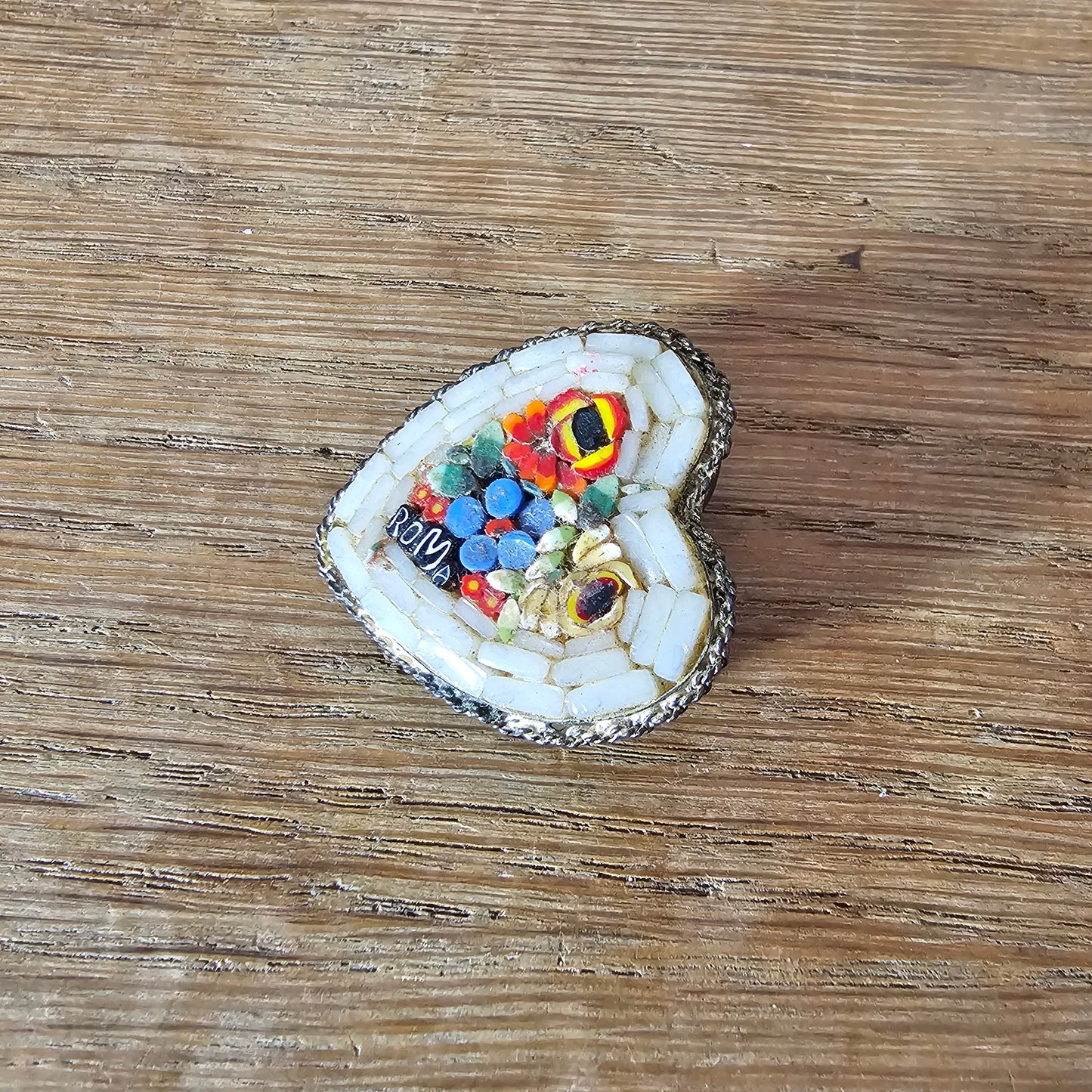 Mid-century Italian micro mosaic heart ROMA souvenir brooch