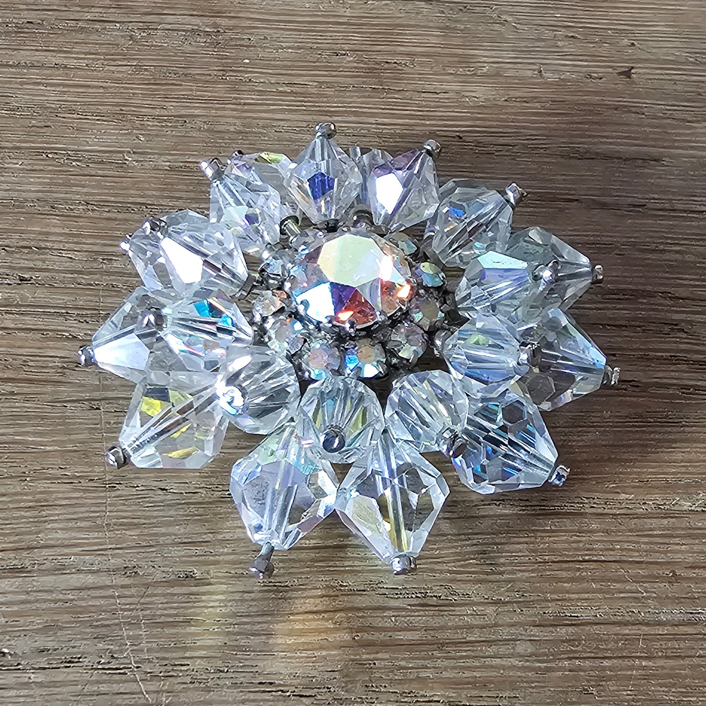 1950s Aurora Borealis crystal starburst brooch