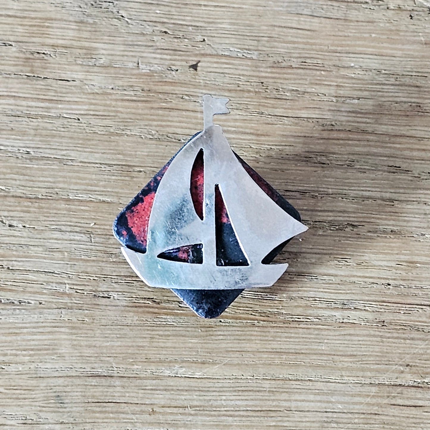 Home-made brooch using vintage minature metal yacht & vintage enamel jewellery piece
