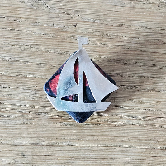 Home-made brooch using vintage minature metal yacht & vintage enamel jewellery piece