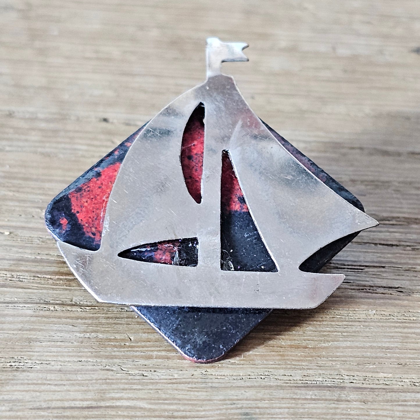 Home-made brooch using vintage minature metal yacht & vintage enamel jewellery piece