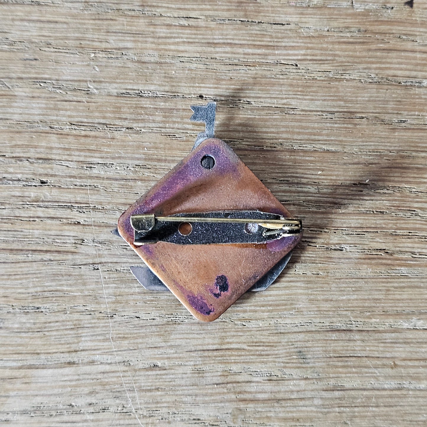 Home-made brooch using vintage minature metal yacht & vintage enamel jewellery piece