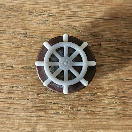Home-made brooch using vintage plastic ships wheel and vintage wooden round bead