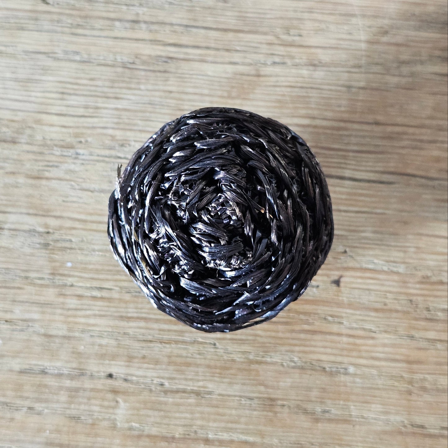 Handmade brooch using vintage dark brown ruched raffia domed button