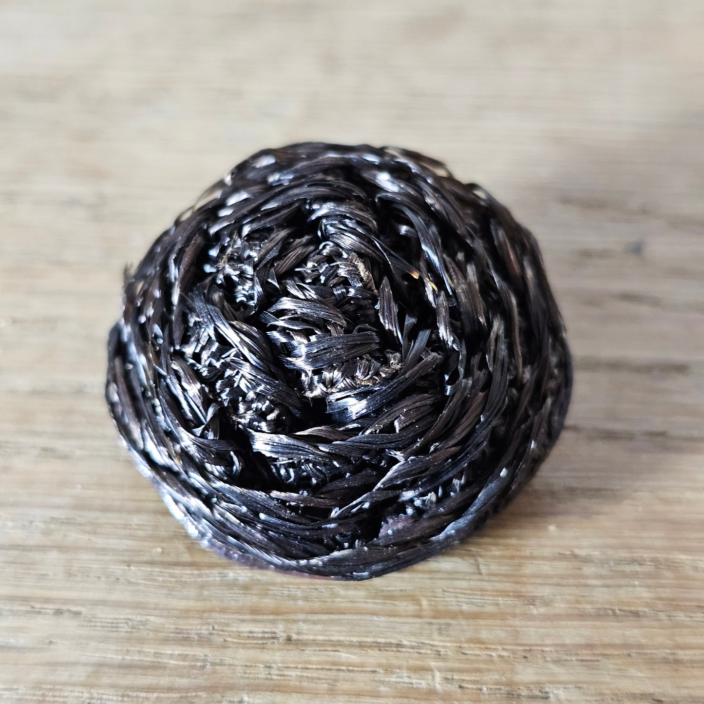 Handmade brooch using vintage dark brown ruched raffia domed button